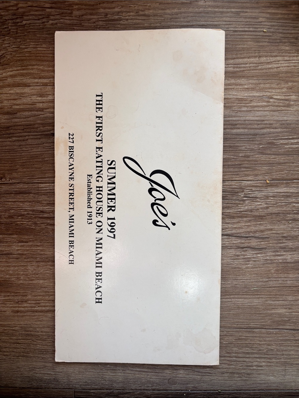Vintage Joe's Stone Crab Miami Beach Menu 1997
